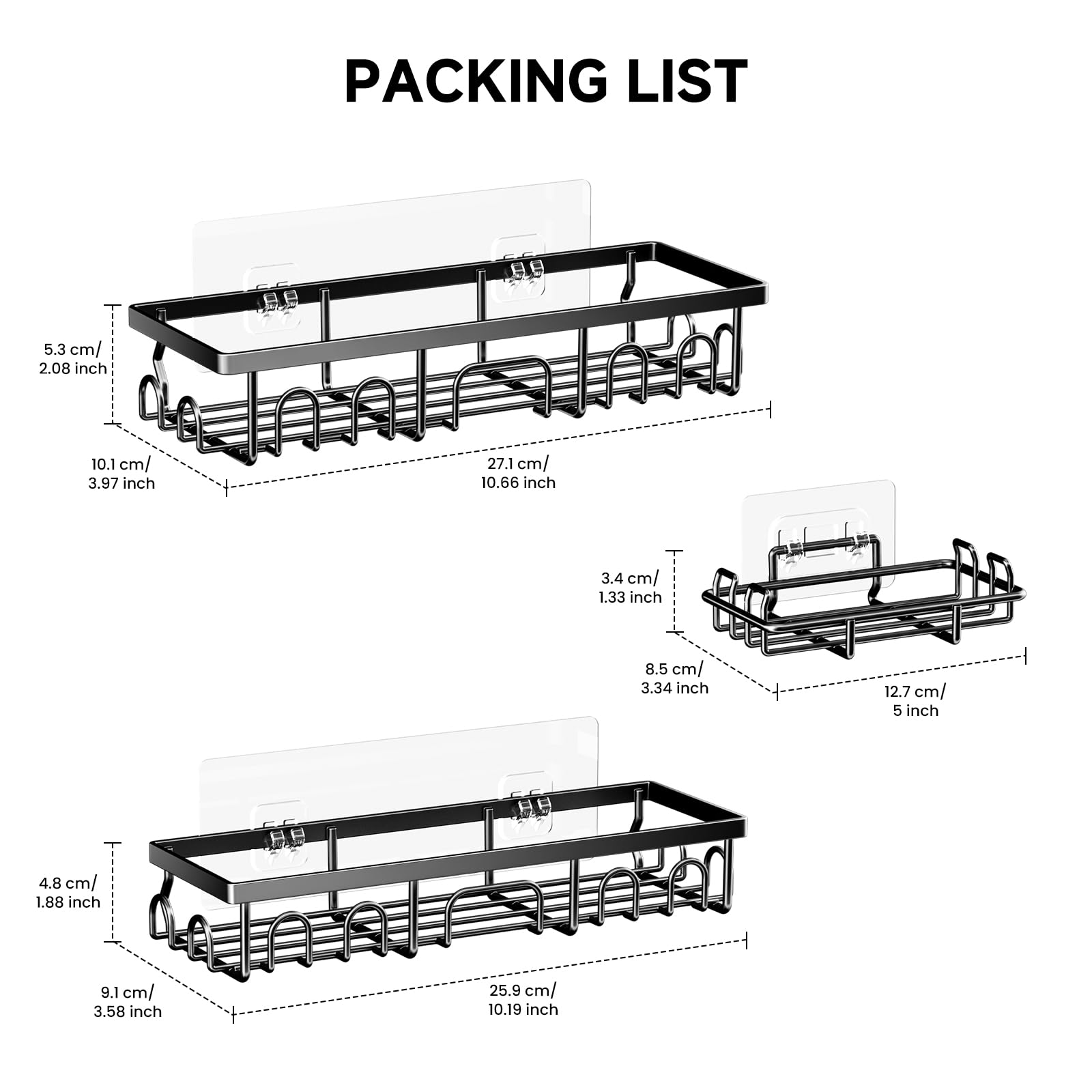 Shower Caddy, 3 Pack Shower Shelves for Inside Bathroom, Rustproof Adhesive Bathroom Organizer with Soap Holder, No Drilling Washroom Organizers and Storage for Bathtub Room/Kitchen/Home